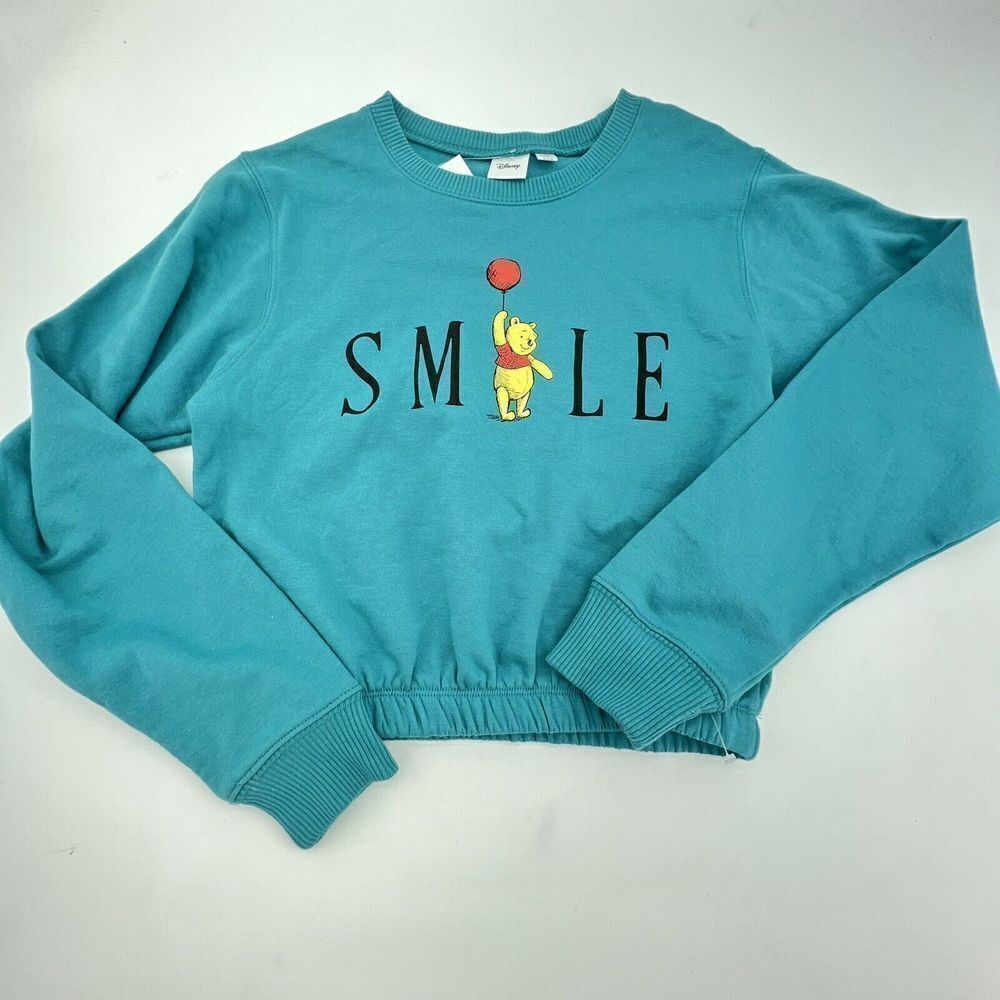 Disney Winnie The Pooh Smile Women's Cropped XS Crewneck Sweater "Smile" NWT